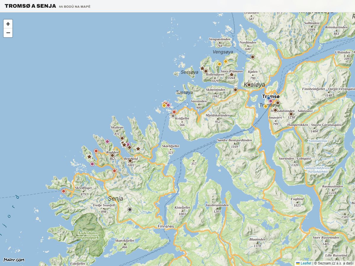 Náhled interaktivní mapy Tromsø a okolí